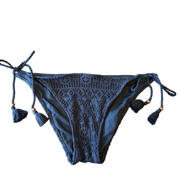 Victorias Secret Black Crocheted Side Tie Beaded Cheeky Swim Bikini Bottom Large - Picture 1 of 6